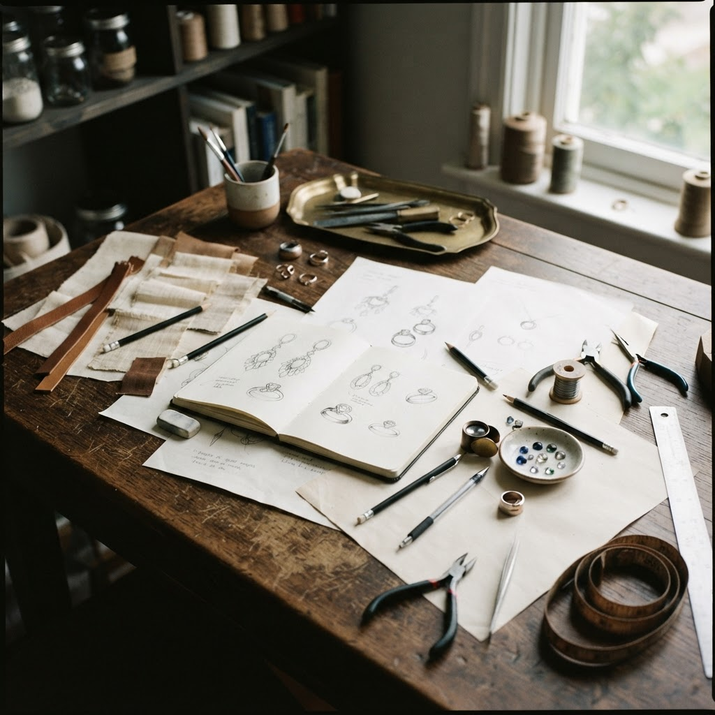 The SOLID WORKS studio desk with sketches, gemstone samples, and drawing tools